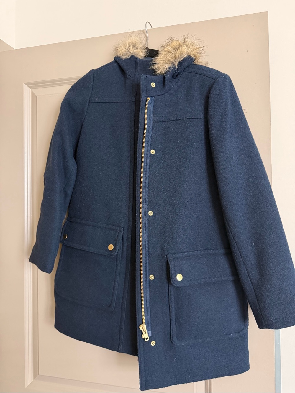 J. Crew Navy Wool-Blend Pea Coat with Faux Fur Hood Trim